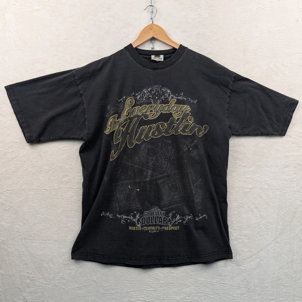 VTG Pro USA T-Shirt Men's 2XL Black Faded Everyday Hustlin Urban Streetwear Y2K